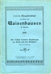 Pestalozzi, Joh. Caspar Lavaters Beziehungen zur Kunst und den Künstlern. (Umschlag)